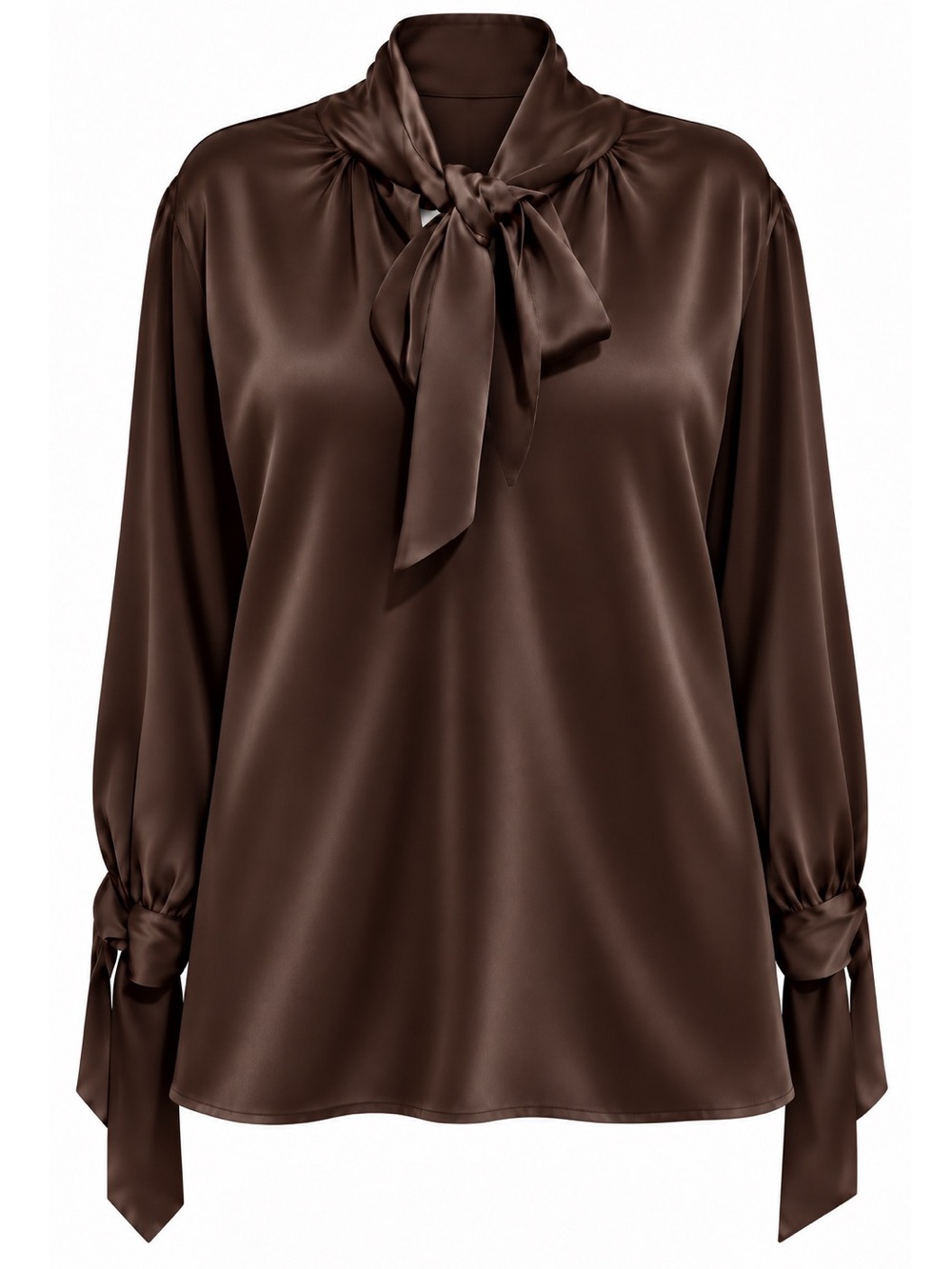 ANN MASHBURN Chocolate Brown Mock Tie Neck Long Sleeve 100% Silk Blouse Size S - Picture 1 of 7